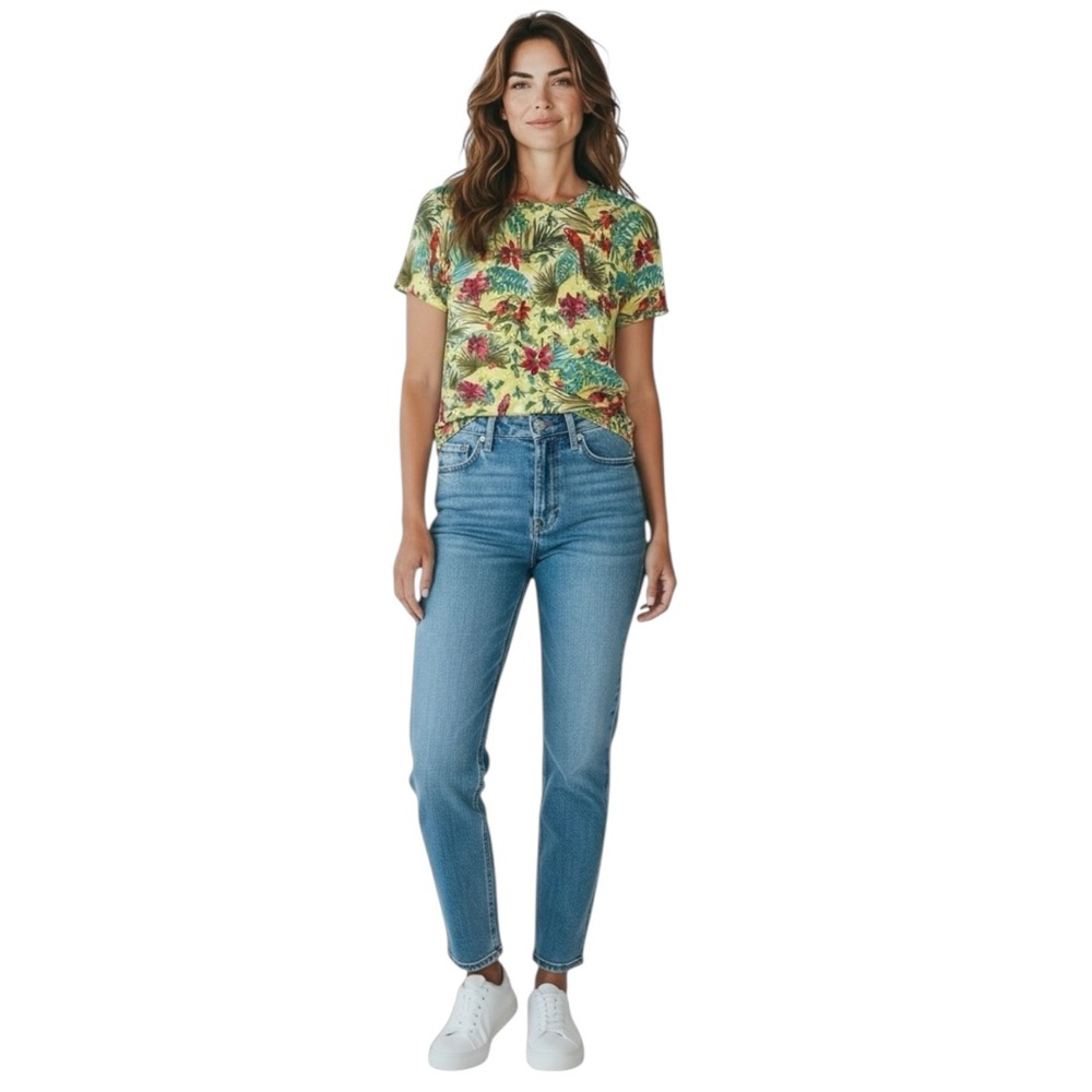 TALBOTS woman's size medium M 100% cotton tropical floral short sleeve sweater